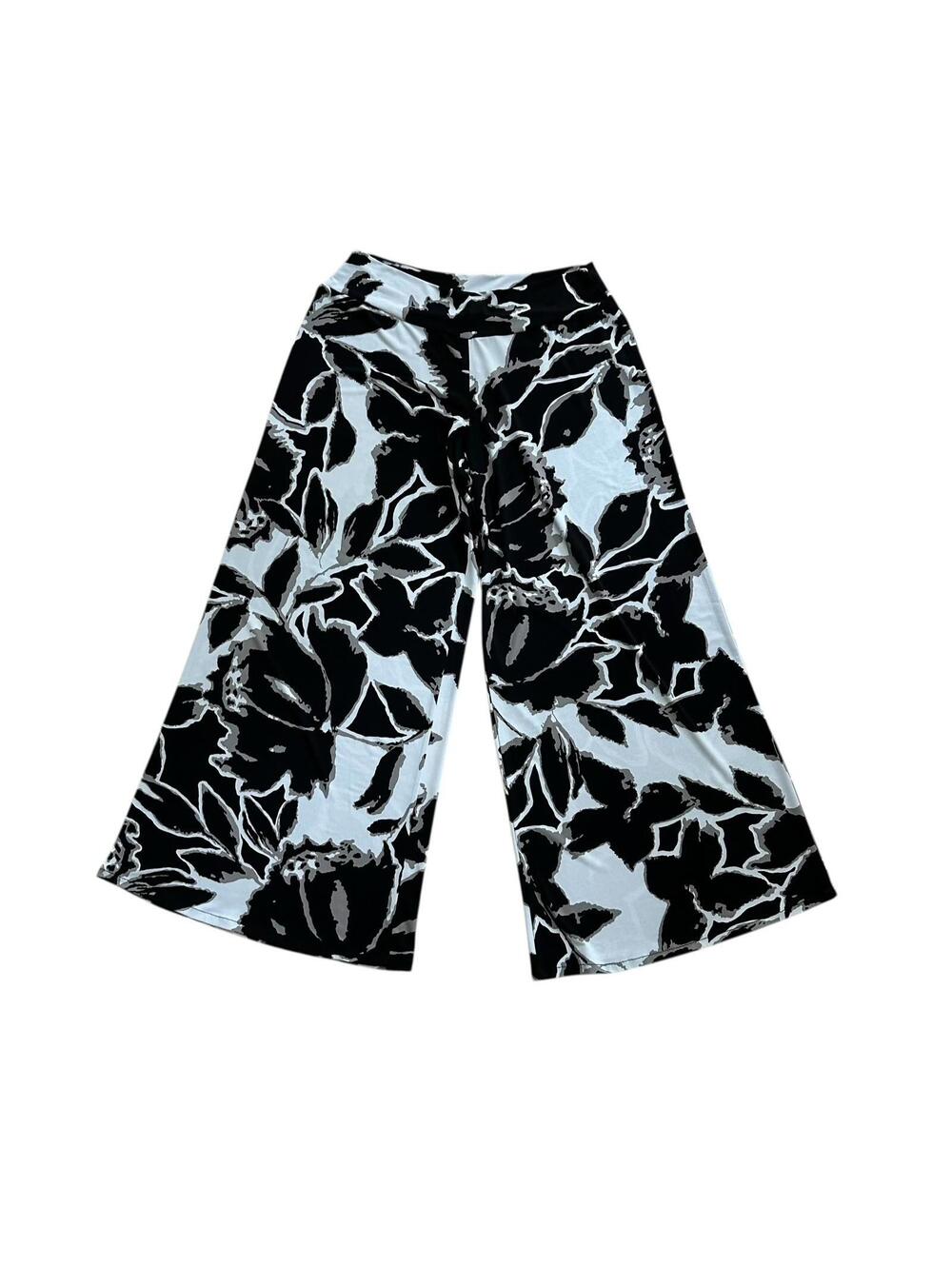 Clara Sun Woo Women Black White Floral Palazzo Wide Leg Pants Size 1X Pull On